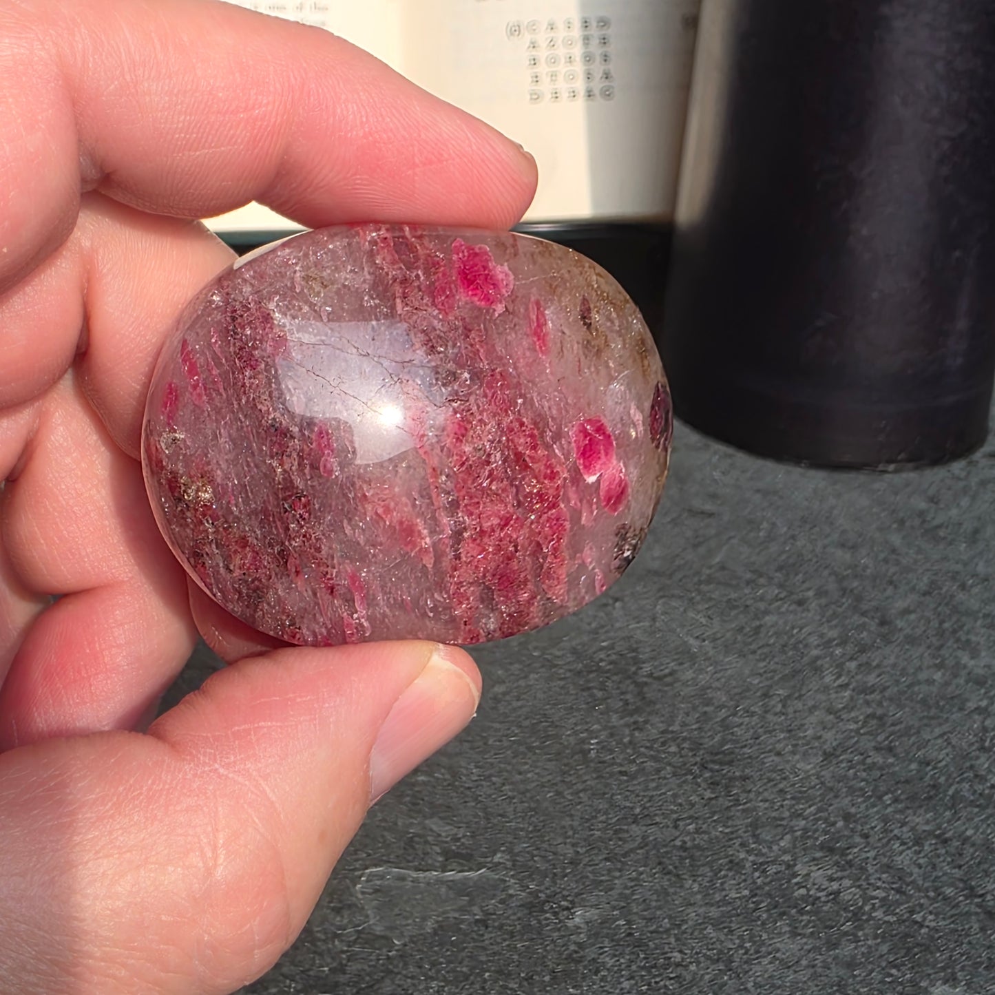 Rhodonite, Clear Quartz Palmstone | 1540