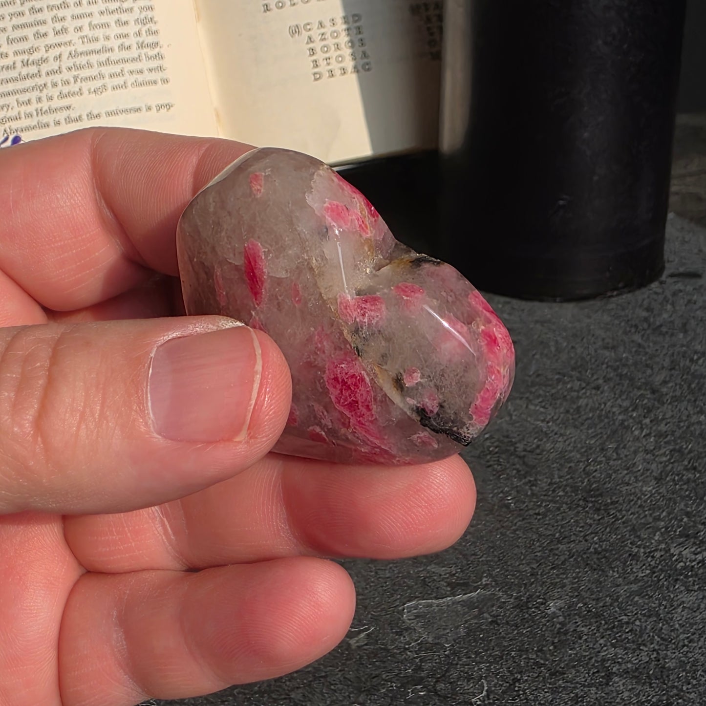 Rhodonite, Clear Quartz Heart Carving | 1533