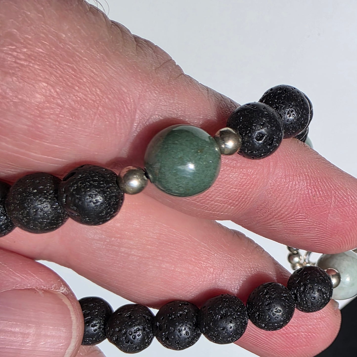 Olmec Blue Jadeite Jade, Lava Rock, Silver Spacer 24" Necklace | 2475