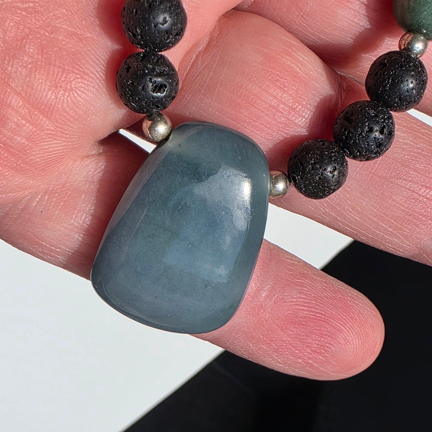 Olmec Blue Jadeite Jade, Lava Rock, Silver Spacer 24" Necklace | 2475