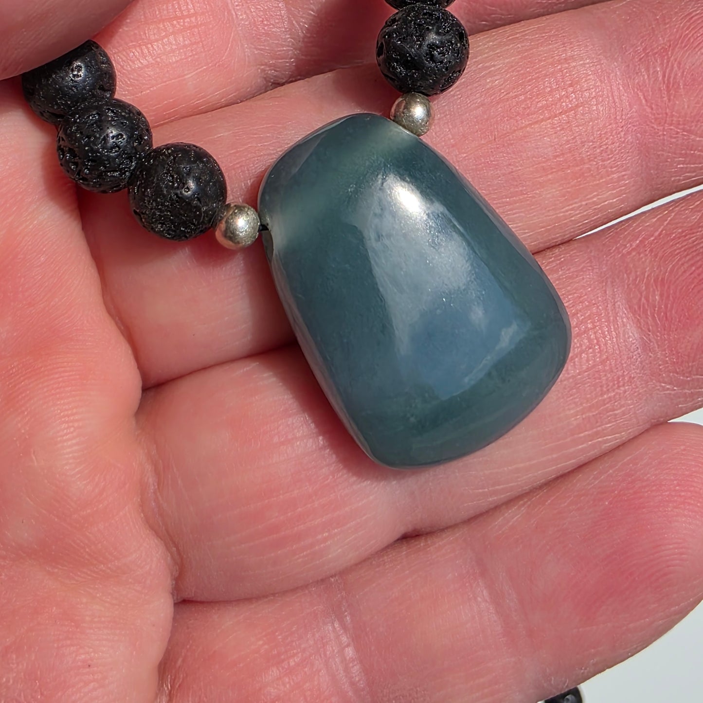 Olmec Blue Jadeite Jade, Lava Rock, Silver Spacer 24" Necklace | 2475