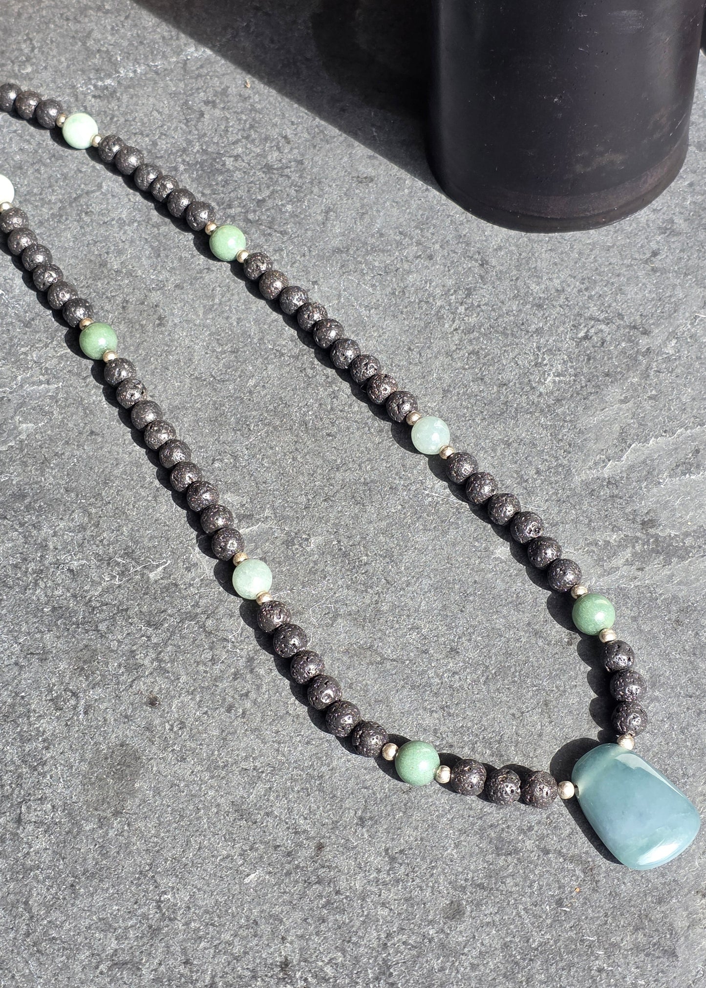 Olmec Blue Jadeite Jade, Lava Rock, Silver Spacer 24" Necklace | 2475