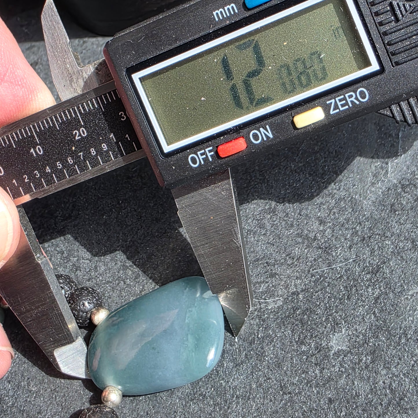 Olmec Blue Jadeite Jade, Lava Rock, Silver Spacer 24" Necklace | 2475