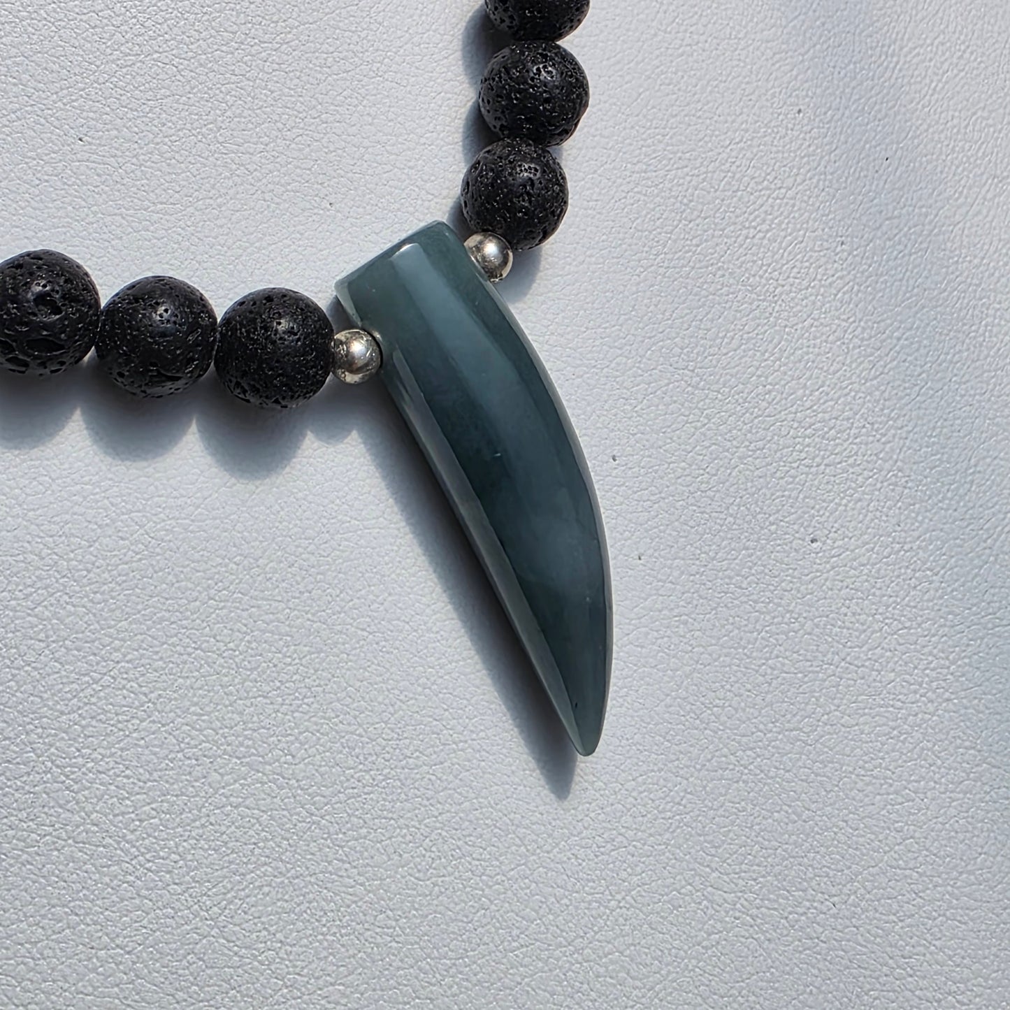 Olmec Blue Jadeite Jade, Lava Rock, Silver Spacer - 24" Jaguar Tooth Necklace | 2474