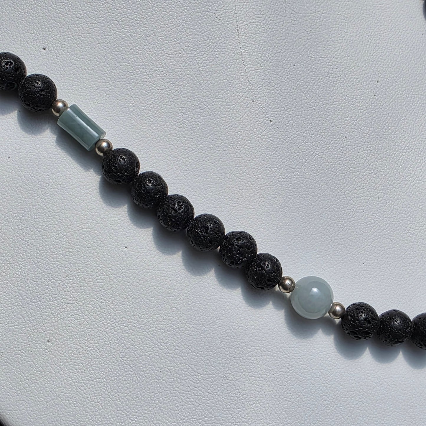 Olmec Blue Jadeite Jade, Lava Rock, Silver Spacer - 24" Jaguar Tooth Necklace | 2474