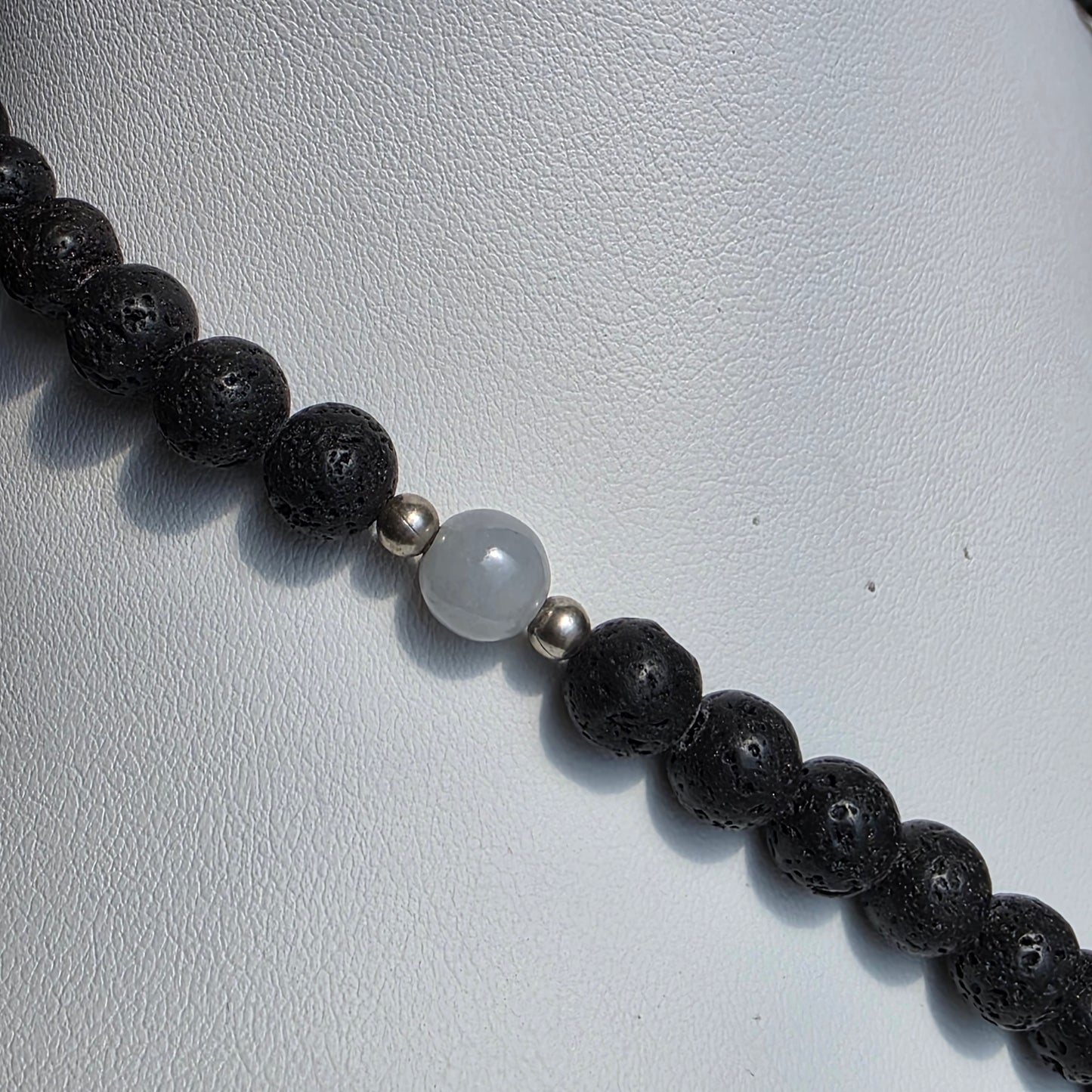 Olmec Blue Jadeite Jade, Lava Rock, Silver Spacer - 24" Jaguar Tooth Necklace | 2474