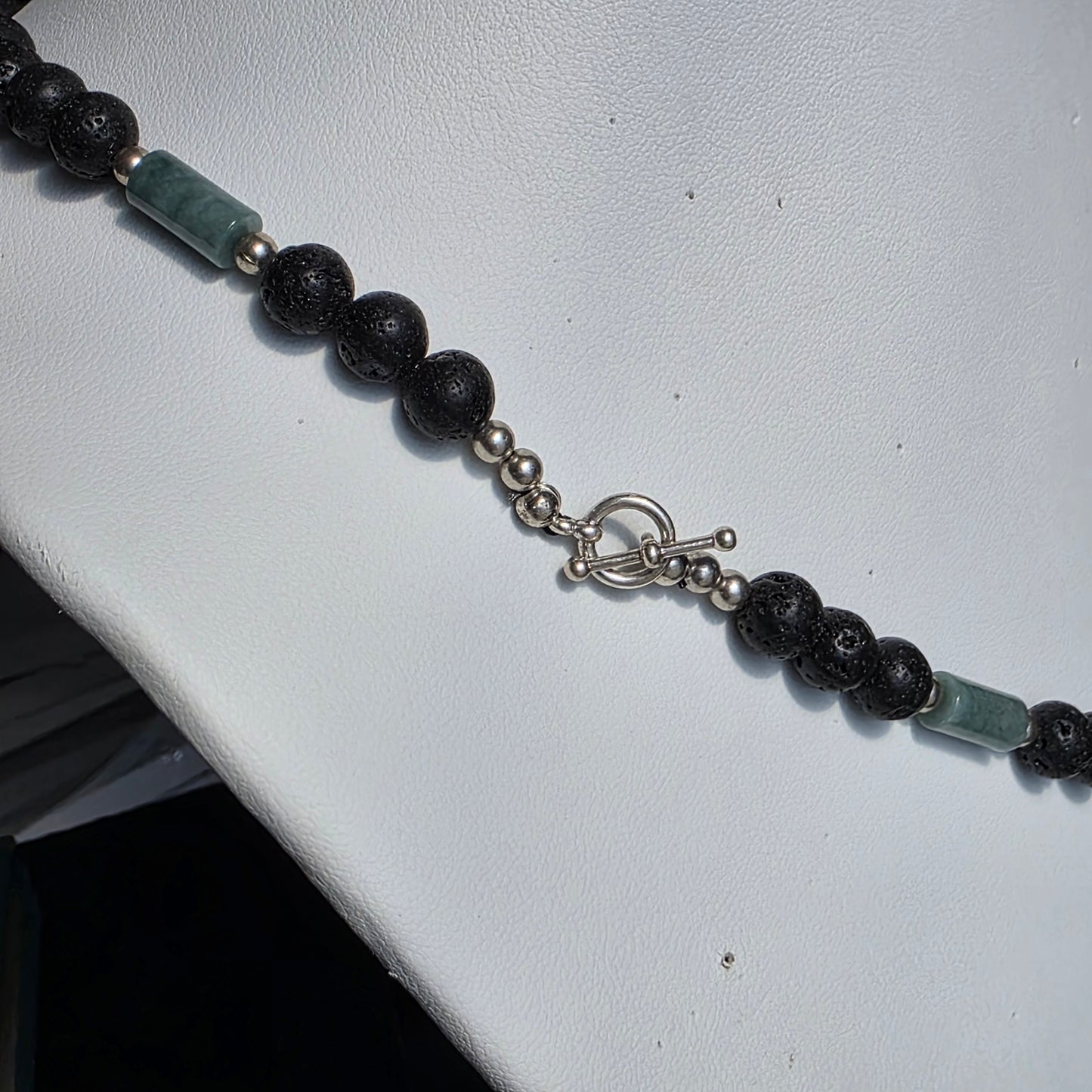Olmec Blue Jadeite Jade, Lava Rock, Silver Spacer - 24" Jaguar Tooth Necklace | 2474