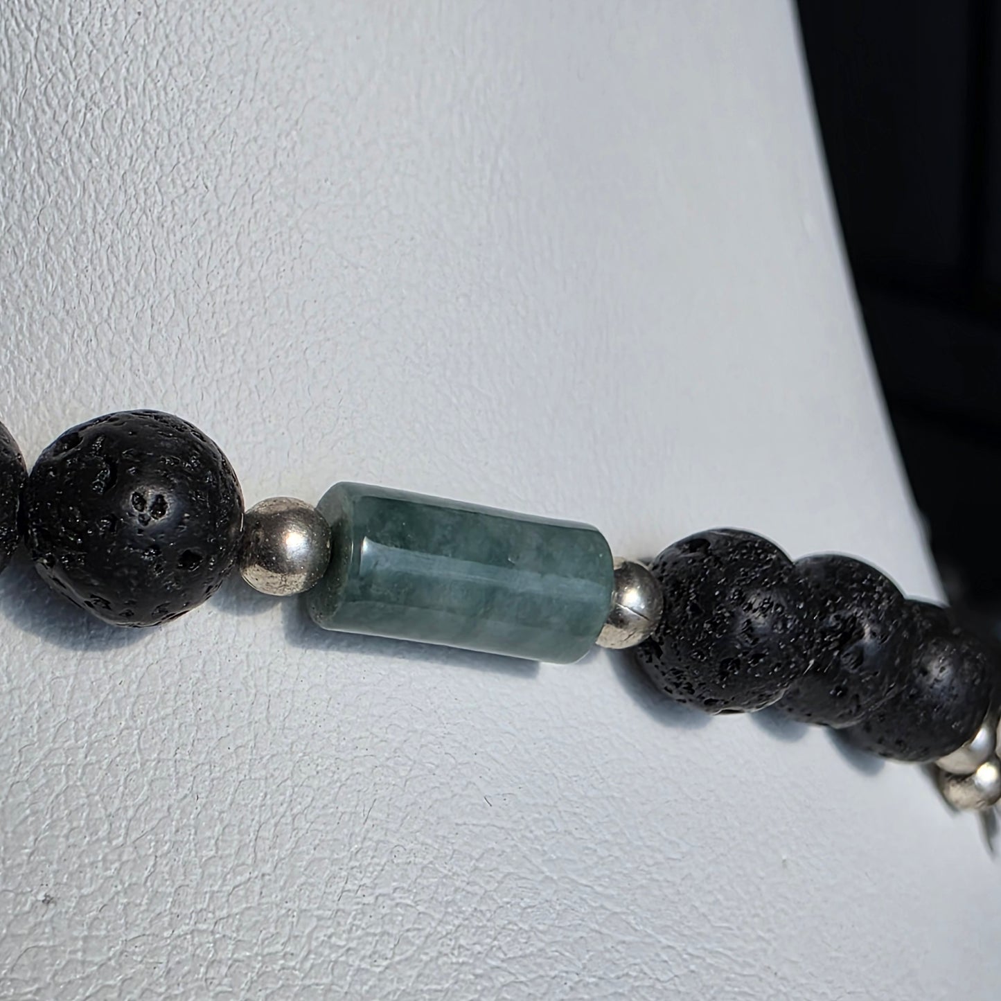 Olmec Blue Jadeite Jade, Lava Rock, Silver Spacer - 24" Jaguar Tooth Necklace | 2474