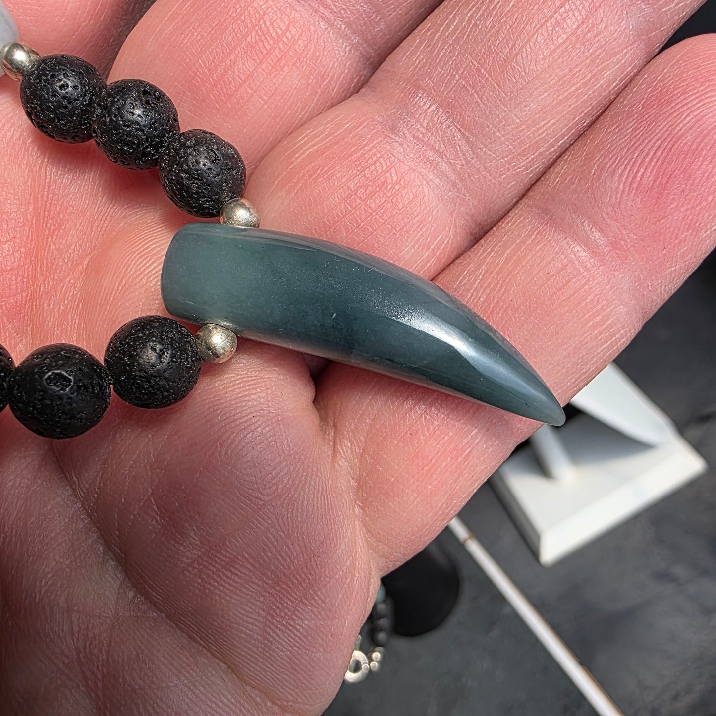 Olmec Blue Jadeite Jade, Lava Rock, Silver Spacer - 24" Jaguar Tooth Necklace | 2474