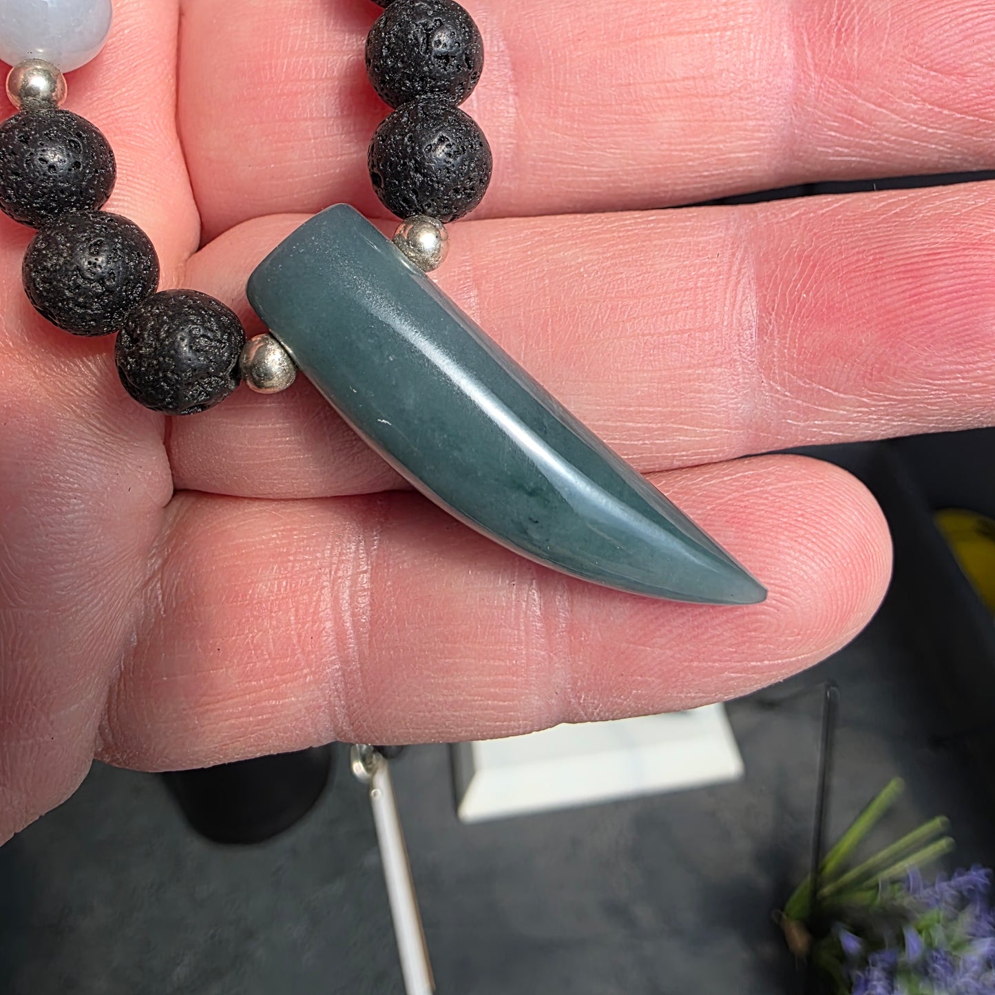 Olmec Blue Jadeite Jade, Lava Rock, Silver Spacer - 24" Jaguar Tooth Necklace | 2474