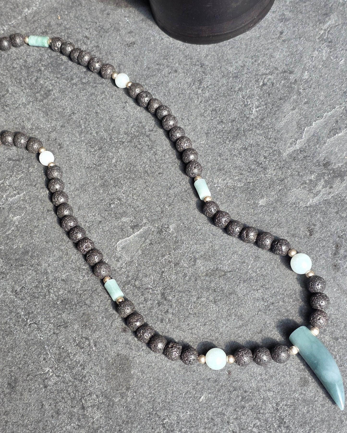 Olmec Blue Jadeite Jade, Lava Rock, Silver Spacer - 24" Jaguar Tooth Necklace | 2474