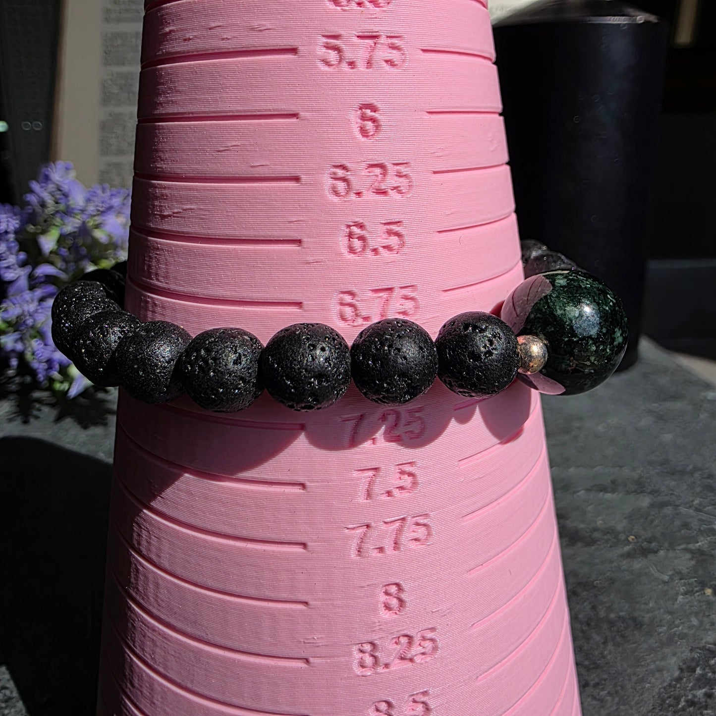 Dark Princesa Blue Jadeite Jade, Lava Rock, Silver Spacer 18cm / 7" Stretch Bracelet | 2477