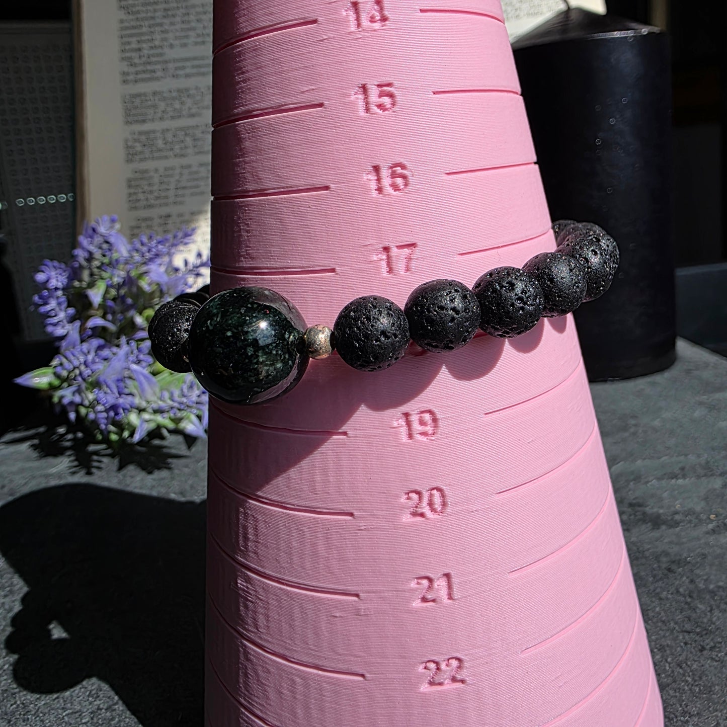 Dark Princesa Blue Jadeite Jade, Lava Rock, Silver Spacer 18cm / 7" Stretch Bracelet | 2477