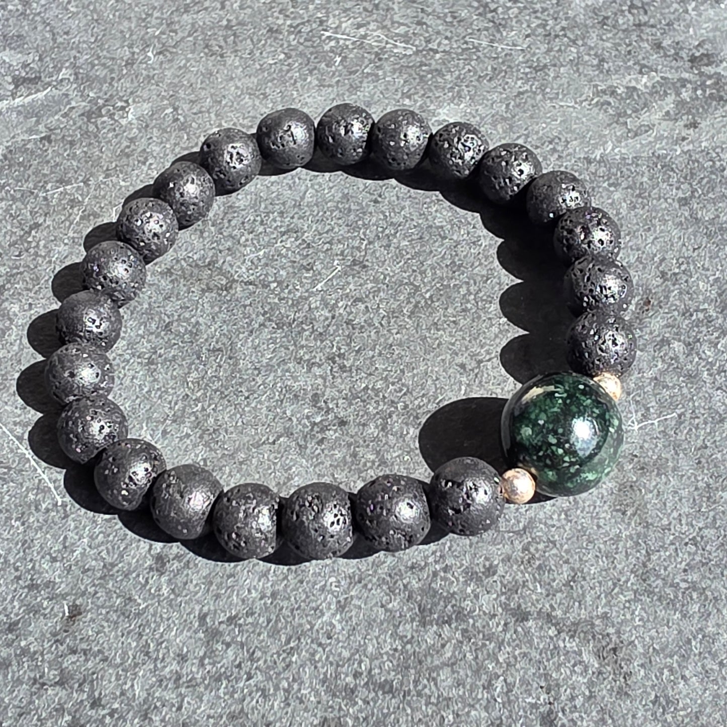 Dark Princesa Blue Jadeite Jade, Lava Rock, Silver Spacer 18cm / 7" Stretch Bracelet | 2477