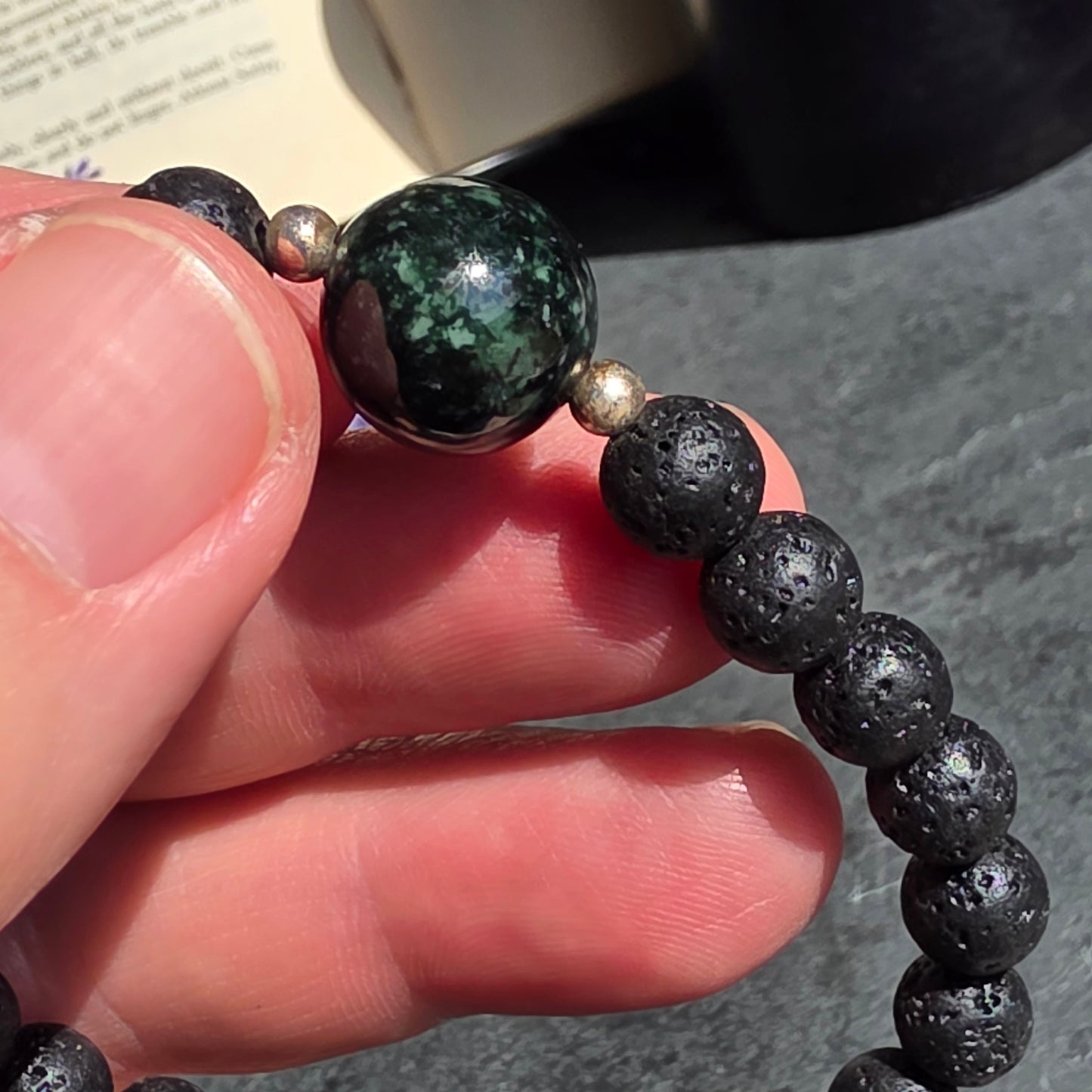Dark Princesa Blue Jadeite Jade, Lava Rock, Silver Spacer 18cm / 7" Stretch Bracelet | 2477