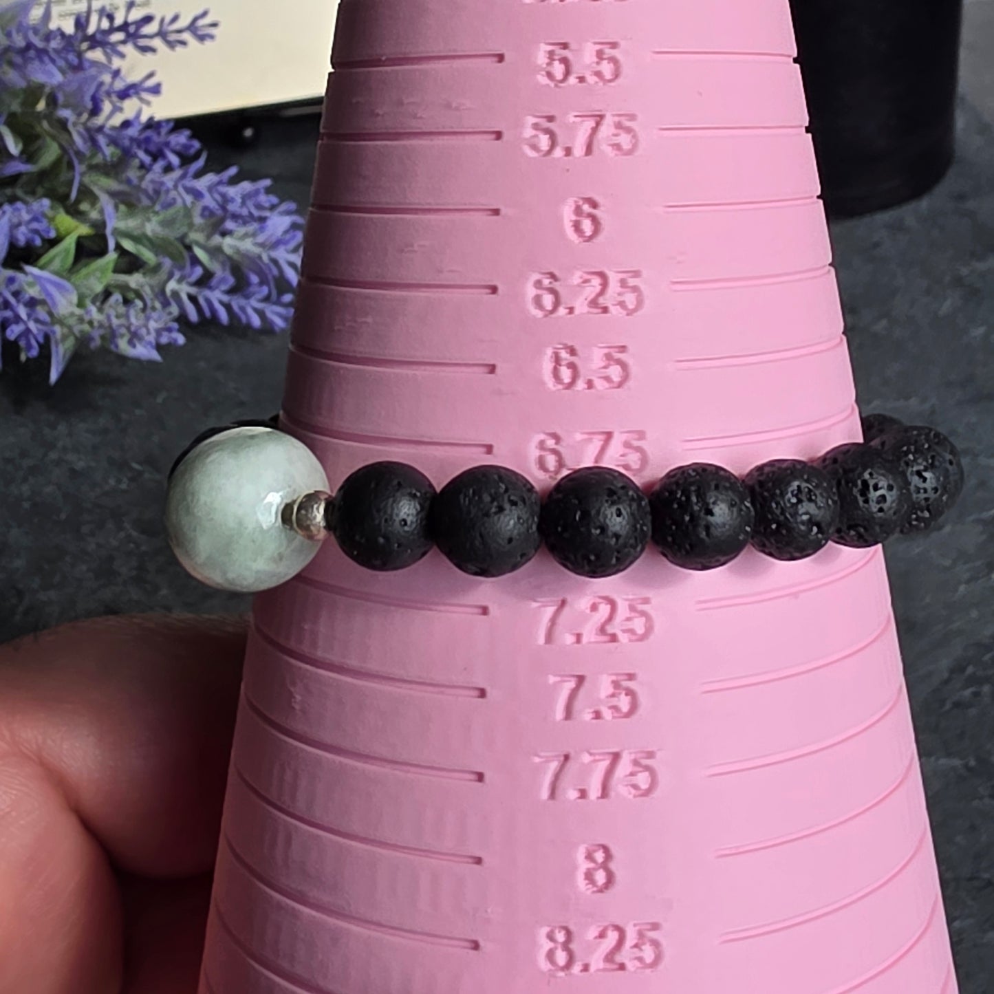 Olmec Blue Jadeite Jade, Lava Rock, Silver Spacer 18cm / 7" Stretch Bracelet | 2478