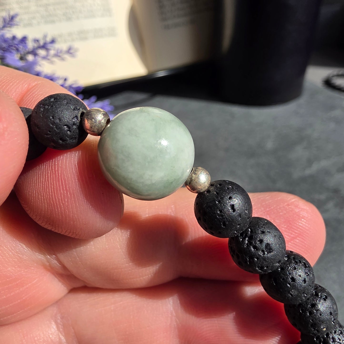 Olmec Blue Jadeite Jade, Lava Rock, Silver Spacer 18cm / 7" Stretch Bracelet | 2478