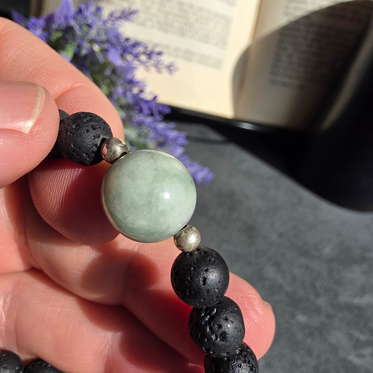 Olmec Blue Jadeite Jade, Lava Rock, Silver Spacer 18cm / 7" Stretch Bracelet | 2478
