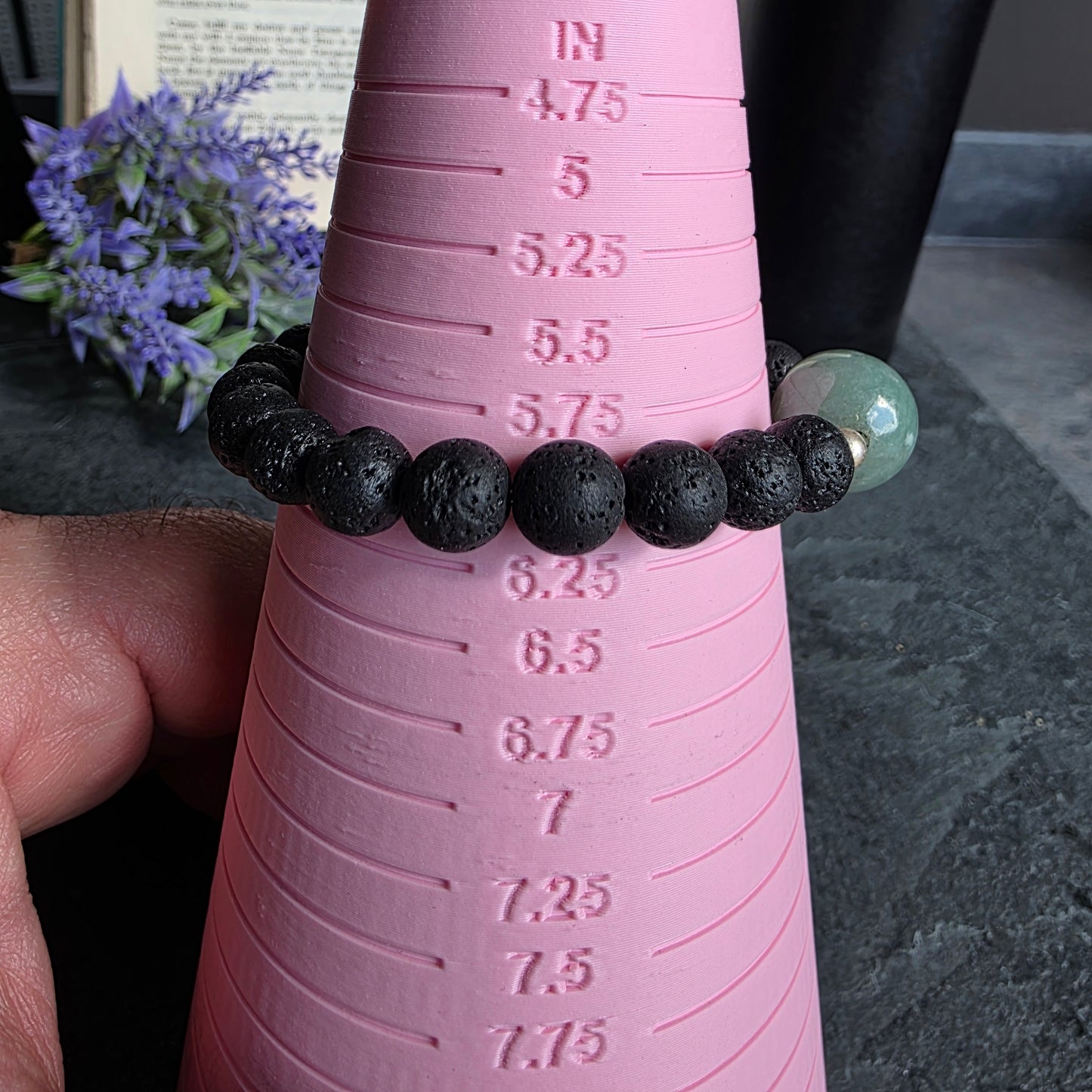 Olmec Blue Jadeite Jade, Lava Rock, Silver Spacer 15cm / 6" Stretch Bracelet | 2479