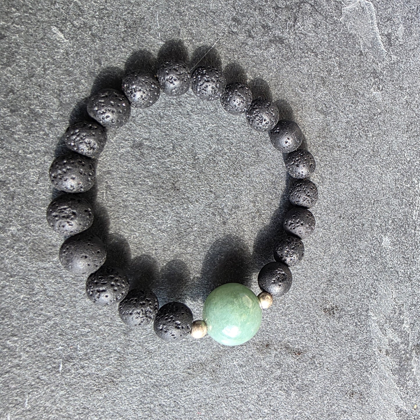 Olmec Blue Jadeite Jade, Lava Rock, Silver Spacer 15cm / 6" Stretch Bracelet | 2479