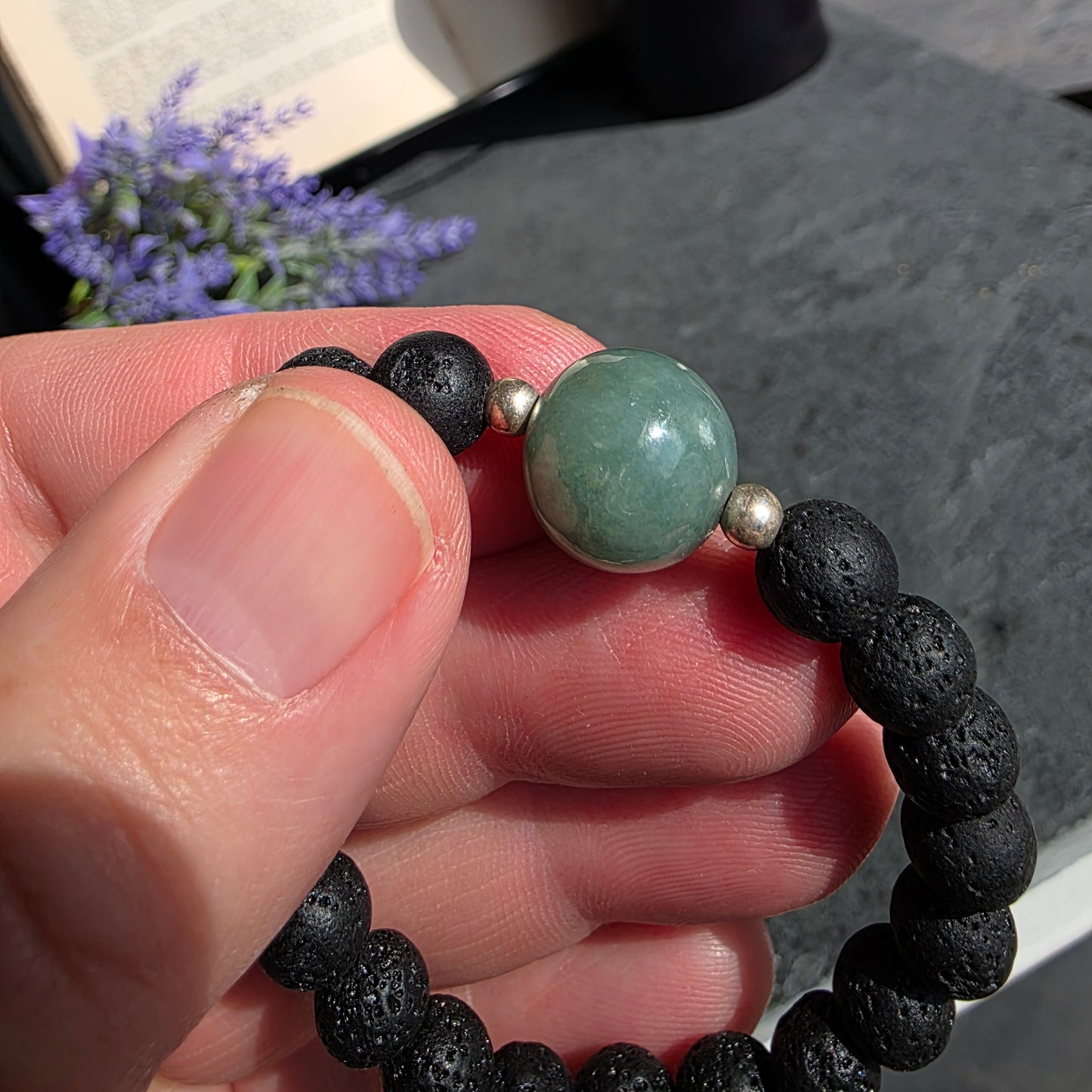 Olmec Blue Jadeite Jade, Lava Rock, Silver Spacer 15cm / 6" Stretch Bracelet | 2479