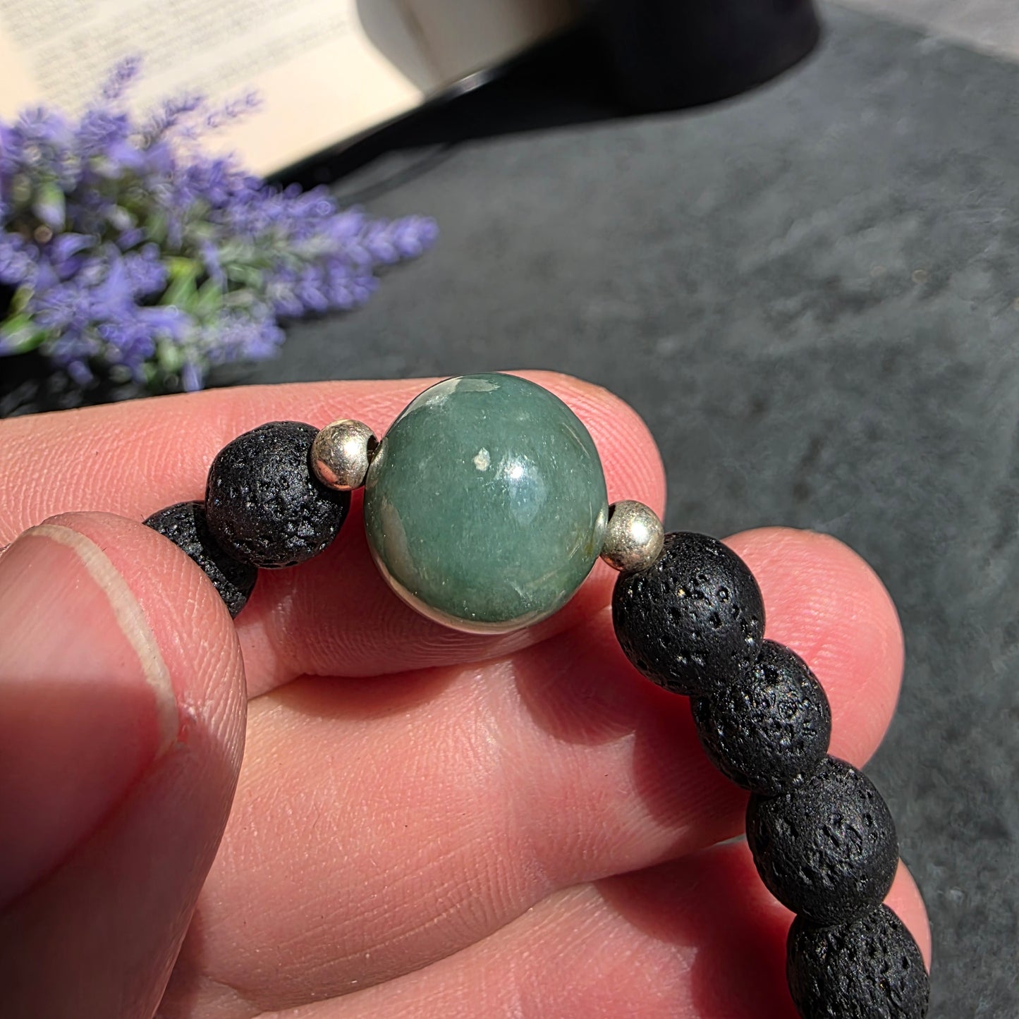 Olmec Blue Jadeite Jade, Lava Rock, Silver Spacer 15cm / 6" Stretch Bracelet | 2479
