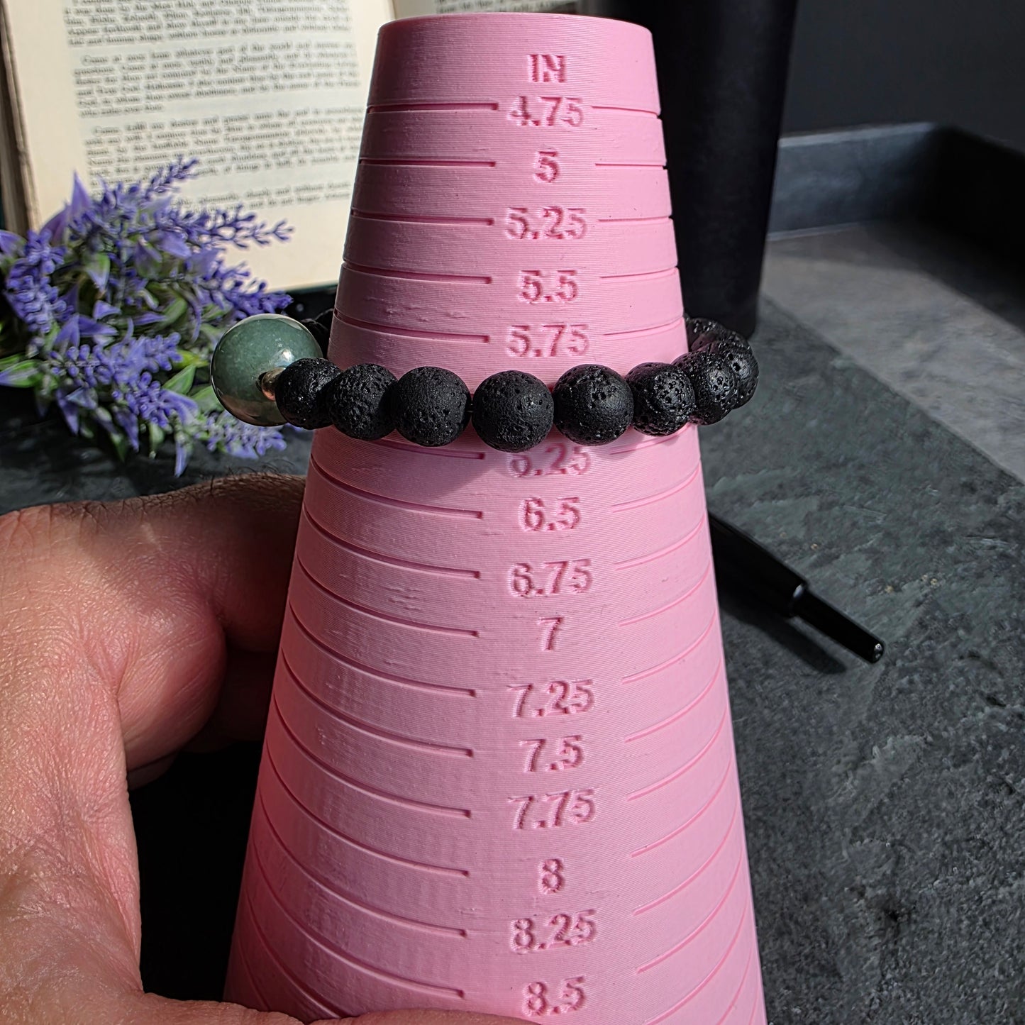 Olmec Blue Jadeite Jade, Lava Rock, Silver Spacer 15cm / 6" Stretch Bracelet | 2480
