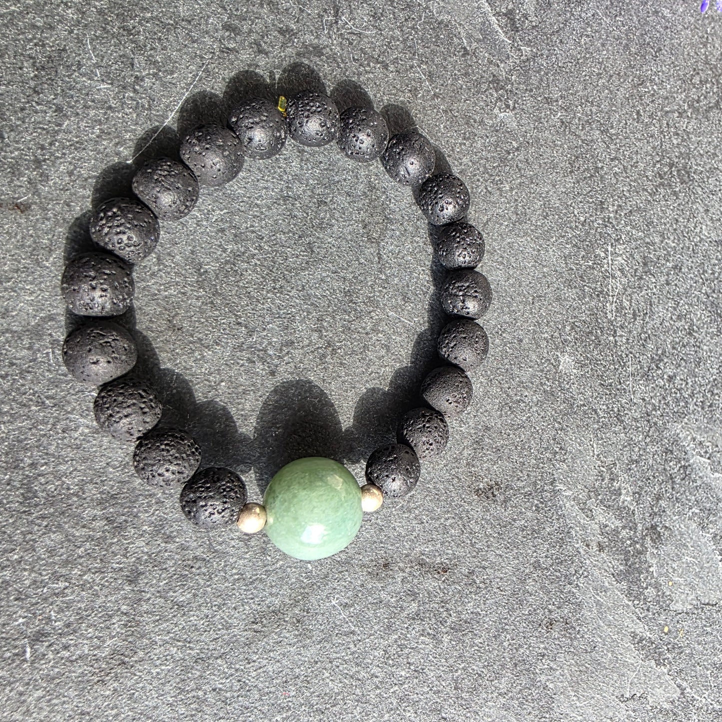 Olmec Blue Jadeite Jade, Lava Rock, Silver Spacer 15cm / 6" Stretch Bracelet | 2480