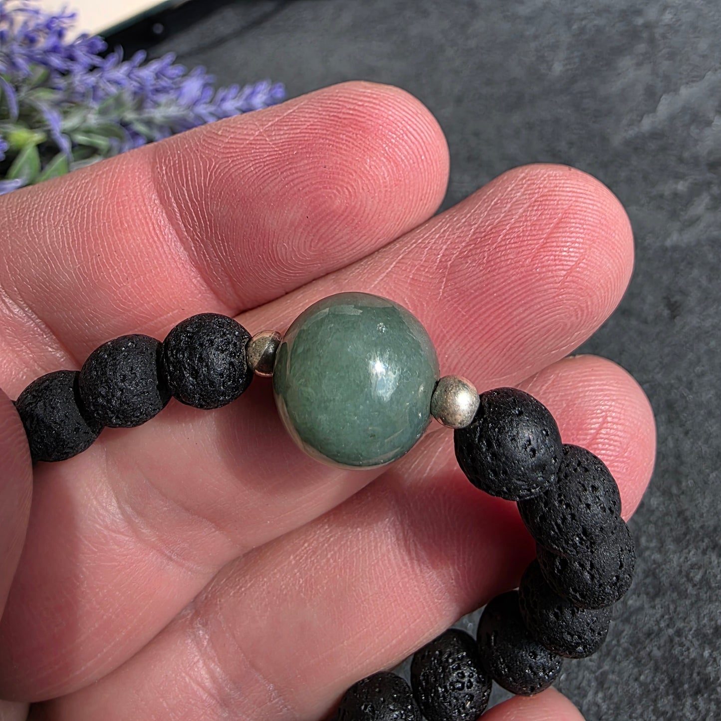 Olmec Blue Jadeite Jade, Lava Rock, Silver Spacer 15cm / 6" Stretch Bracelet | 2480
