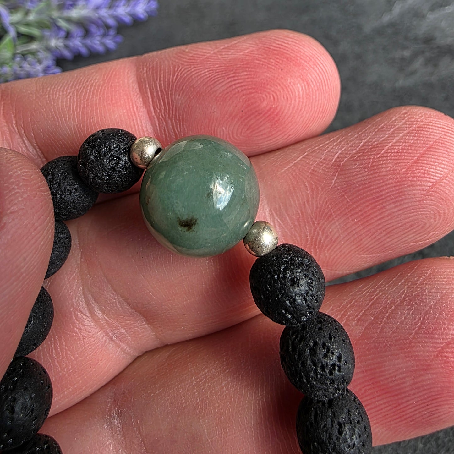 Olmec Blue Jadeite Jade, Lava Rock, Silver Spacer 15cm / 6" Stretch Bracelet | 2480