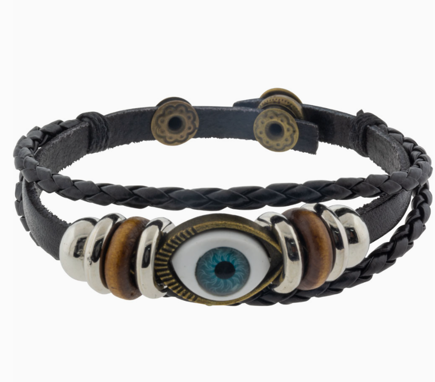 Evil Eye Braided Leather Protection Bracelet (NEW-OPEN) | 3086