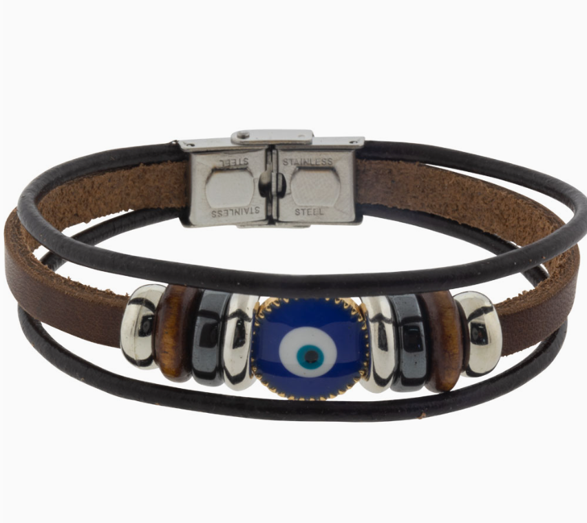 Evil Eye Triple Leather Protection Bracelet (NEW-OPEN) | 3084