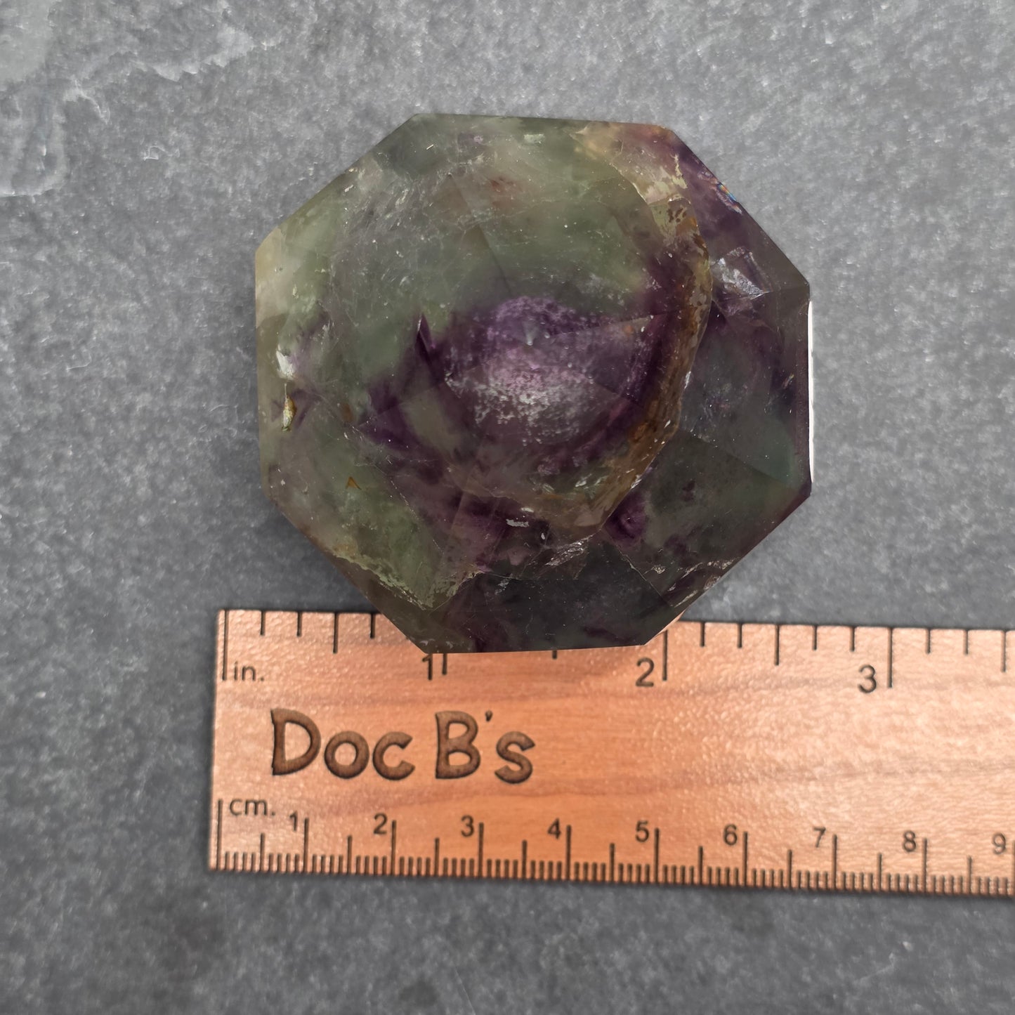 Purple and Green Fluorite with Hematite Diamond Point Carving | 1407