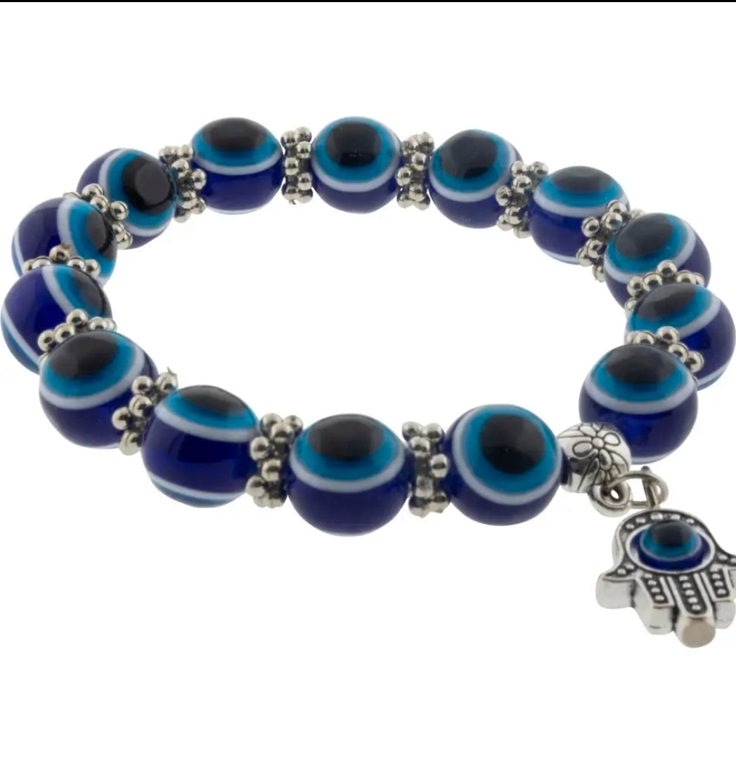 Evil Eye Protection Stretch Bracelet Cobalt Blue w/ Hanging Fatima Hand (NEW-OPEN) | 3632