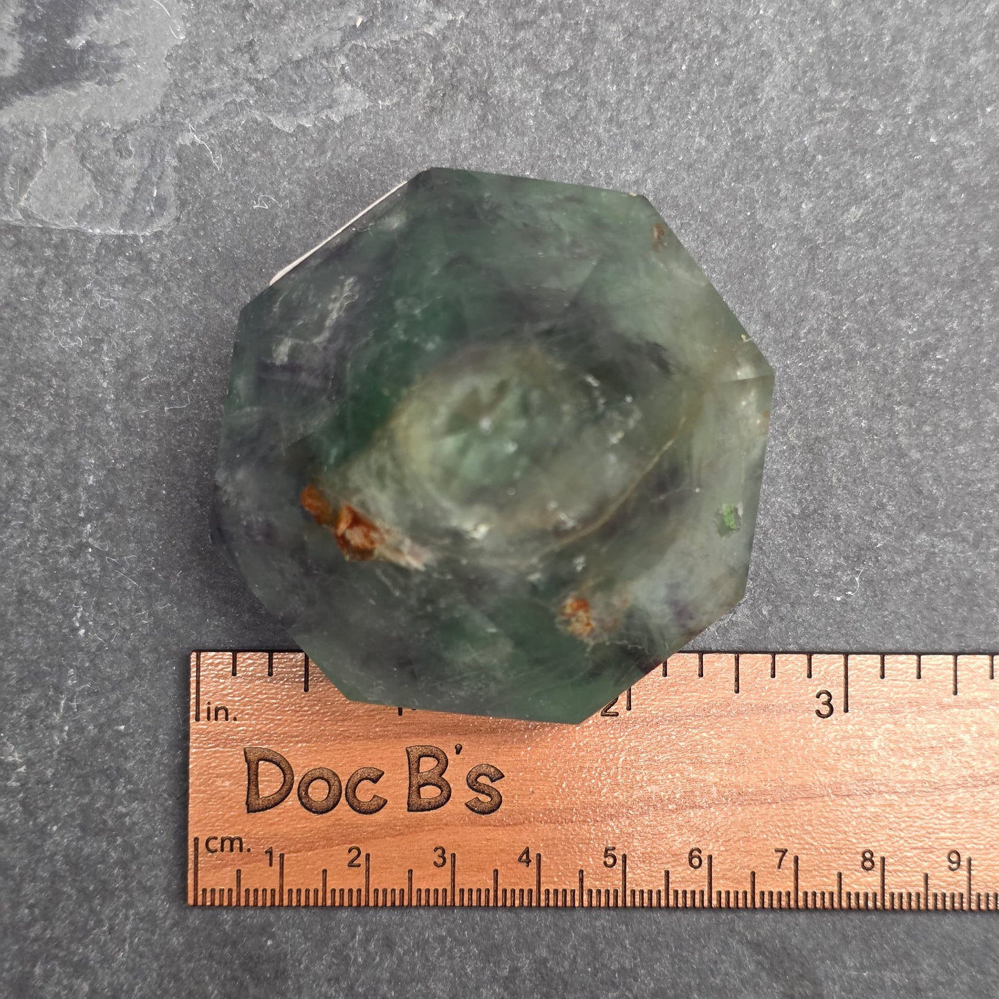 Purple and Green Fluorite with Hematite Diamond Point Carving | 1406