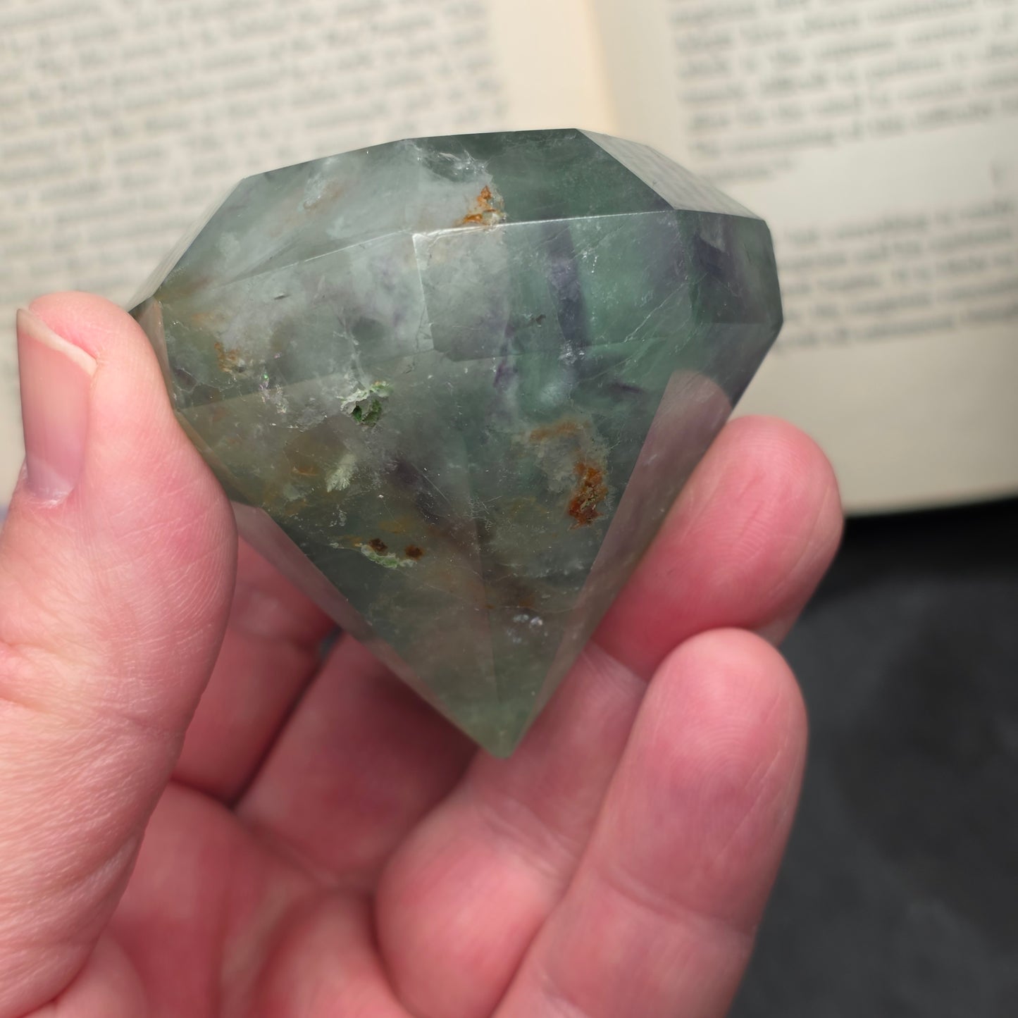 Purple and Green Fluorite with Hematite Diamond Point Carving | 1406