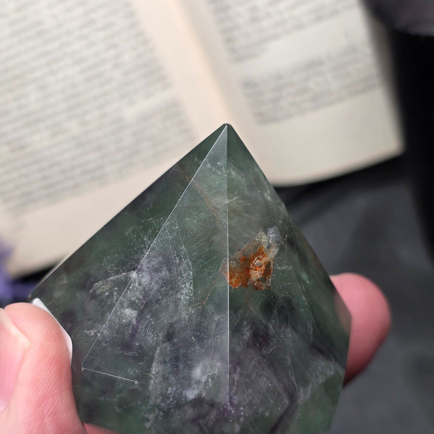 Purple and Green Fluorite with Hematite Diamond Point Carving | 1406