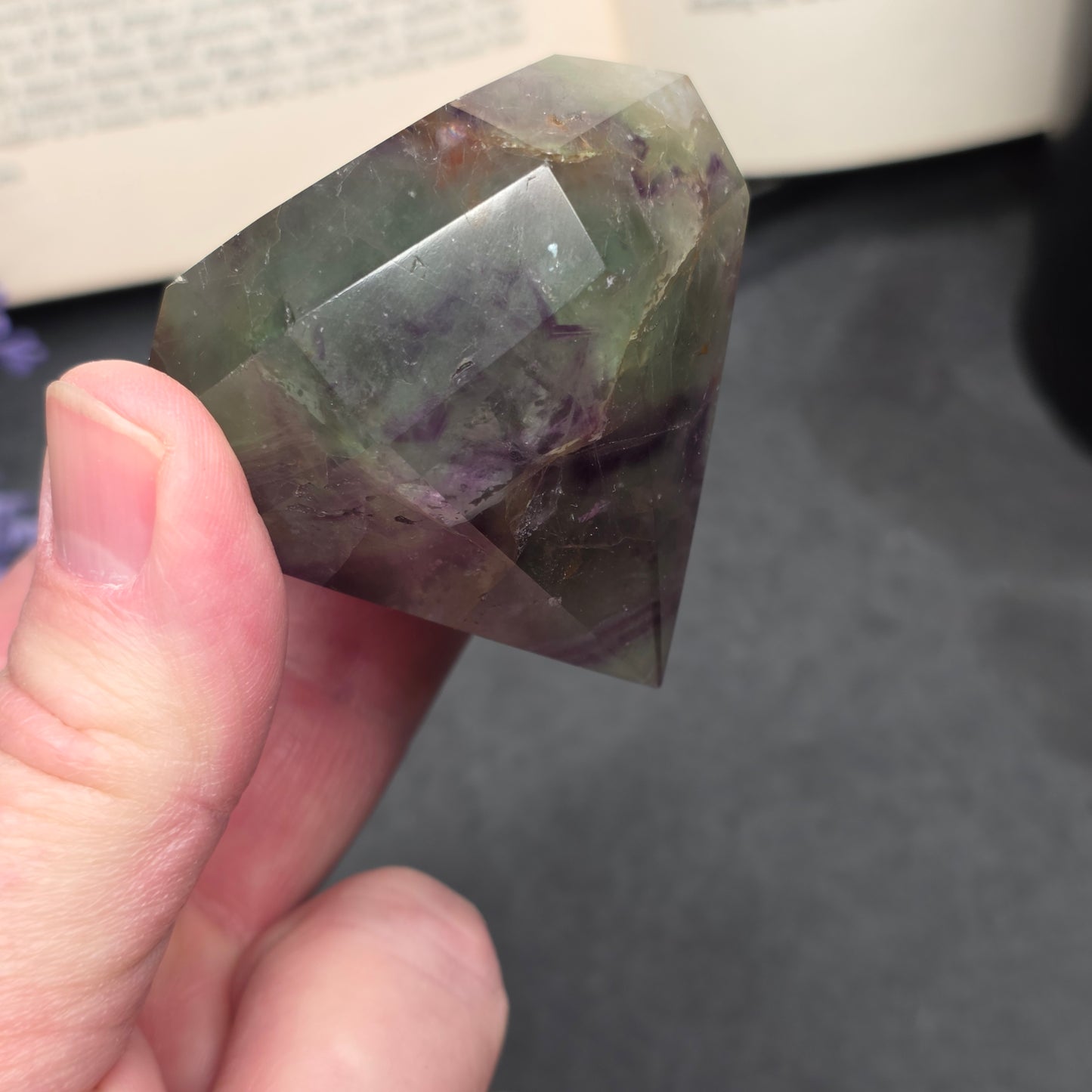 Purple and Green Fluorite with Hematite Diamond Point Carving | 1407