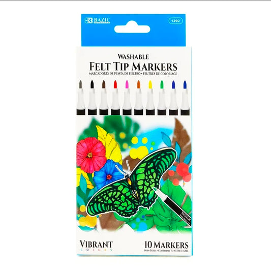 Washable Felt Tip Markers, 10 Colors, Non-Toxic Coloring (NEW-SEALED) | 3635