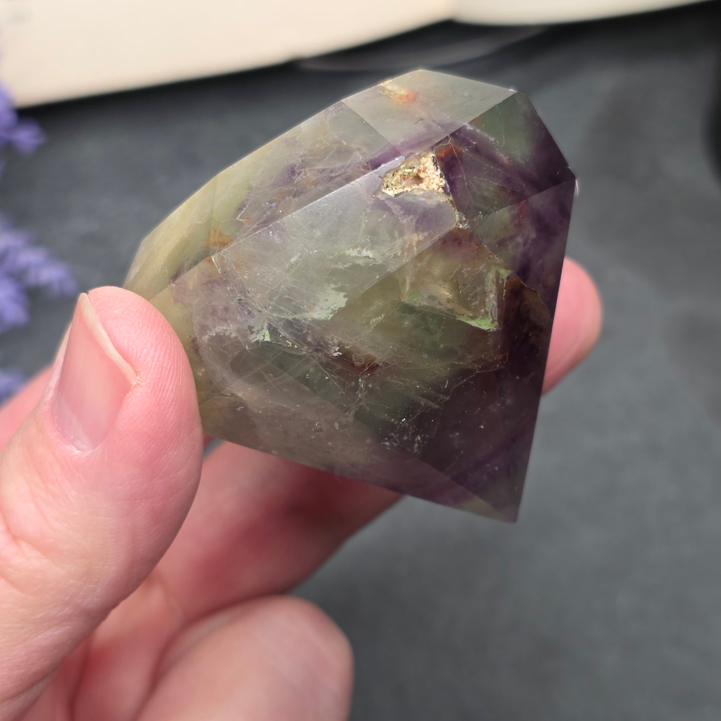 Purple and Green Fluorite with Hematite Diamond Point Carving | 1407