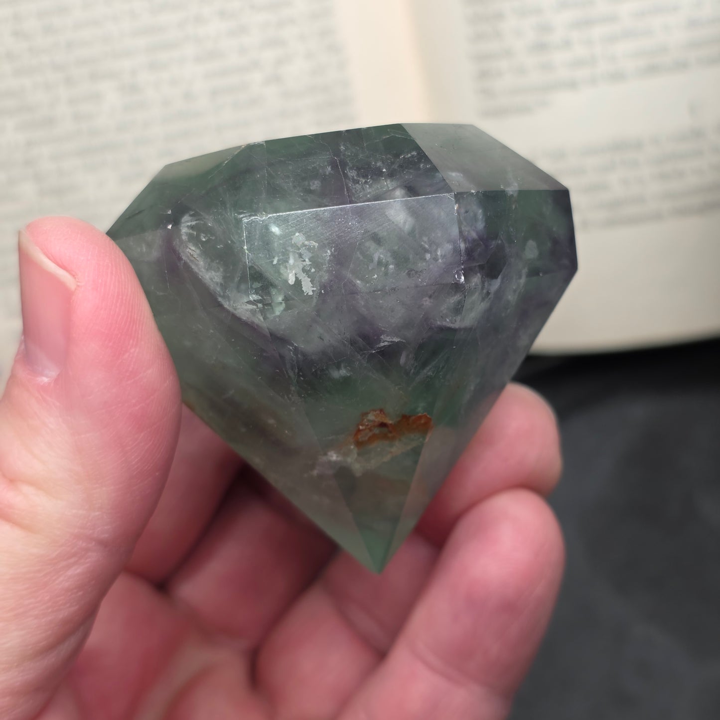 Purple and Green Fluorite with Hematite Diamond Point Carving | 1406