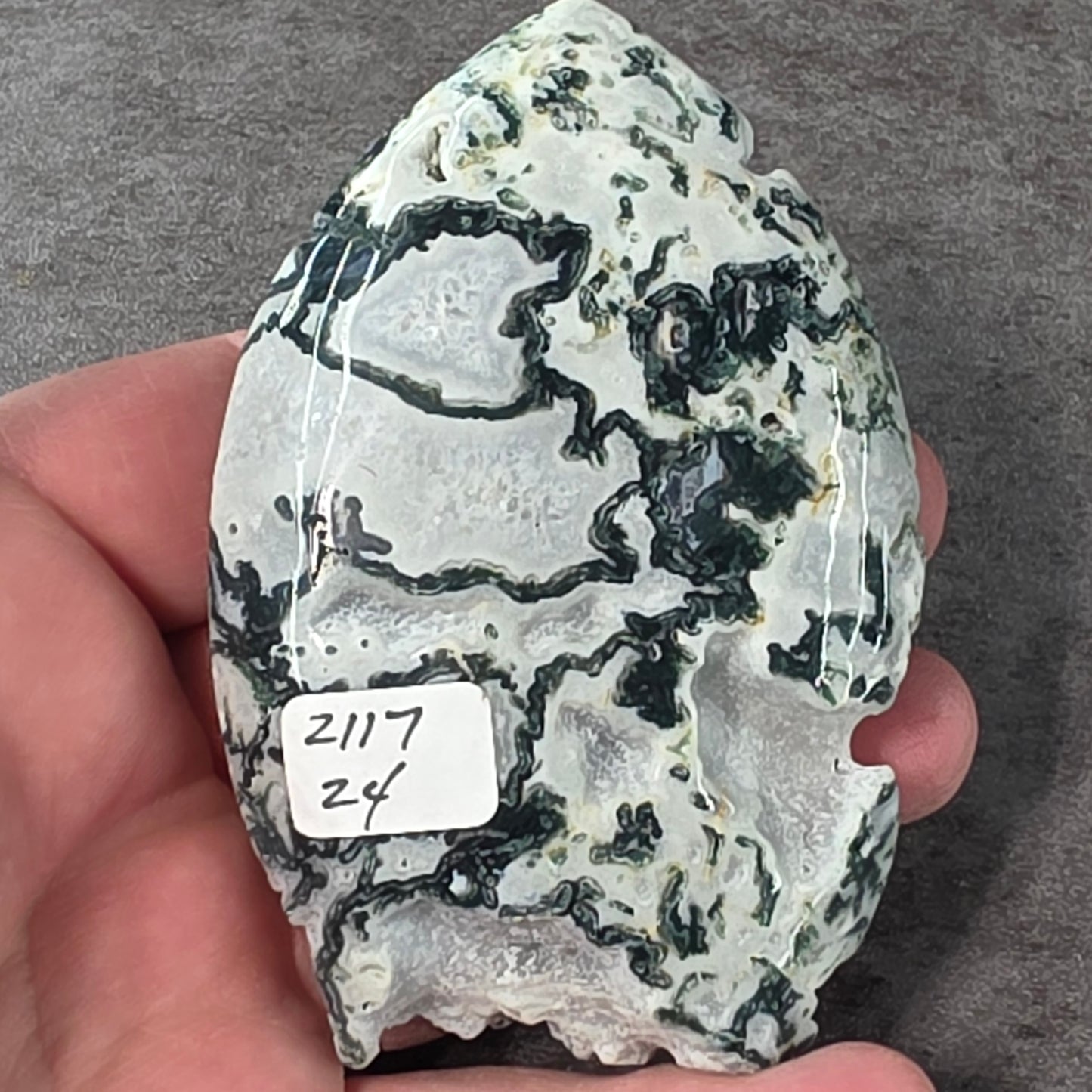 Moss Agate Flame Carving (discounted) | 2117