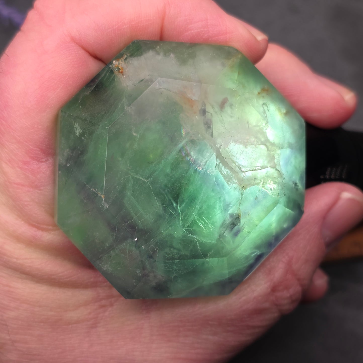 Purple and Green Fluorite with Hematite Diamond Point Carving | 1406