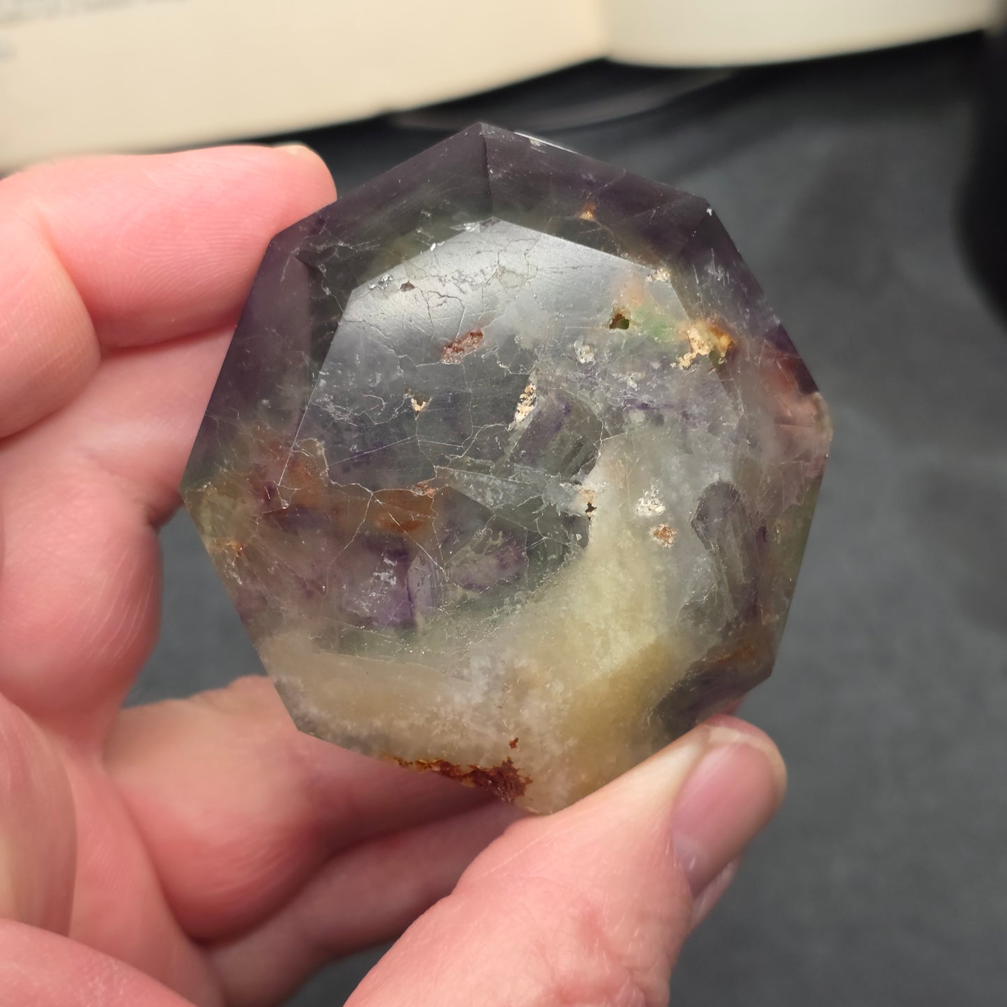 Purple and Green Fluorite with Hematite Diamond Point Carving | 1407