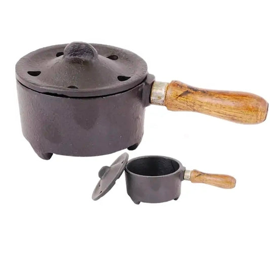 Iron Charcoal Burner w/ Lid + Wood Handle (NEW-SEALED) | 3199