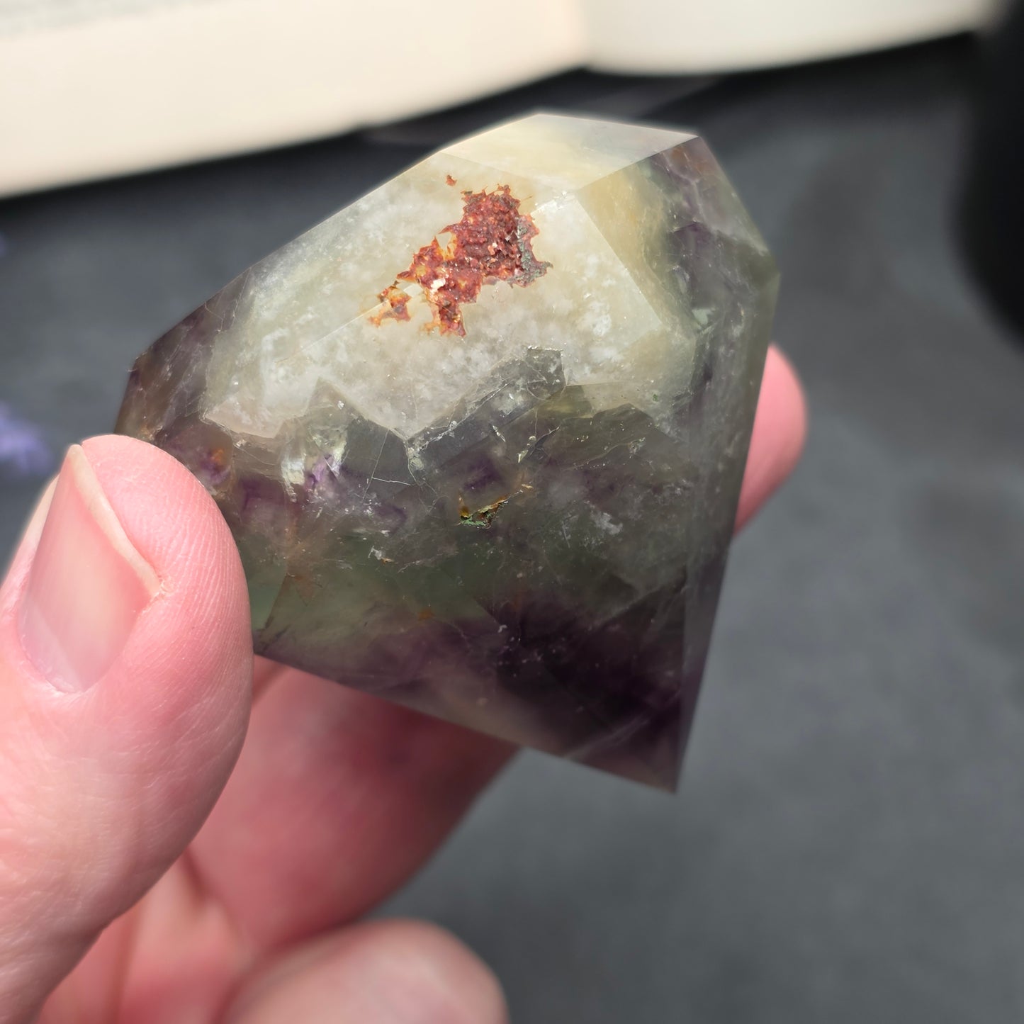Purple and Green Fluorite with Hematite Diamond Point Carving | 1407
