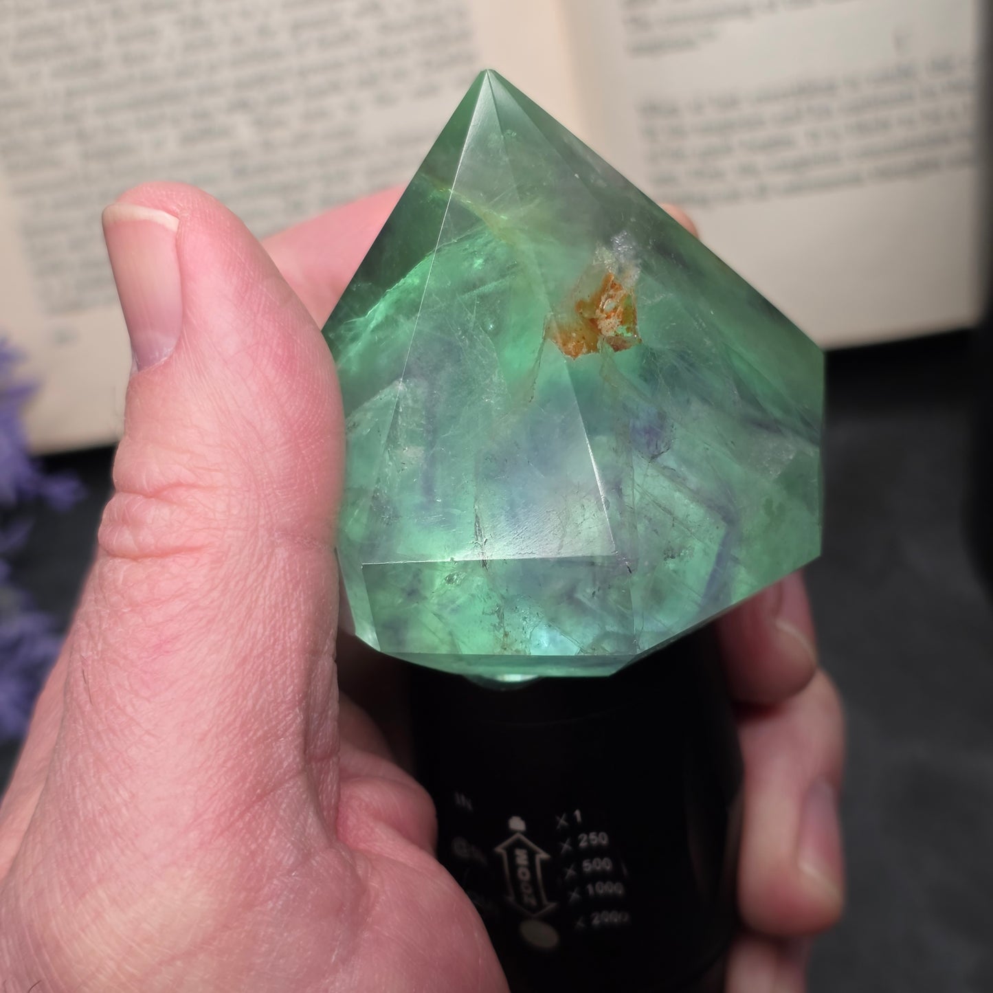Purple and Green Fluorite with Hematite Diamond Point Carving | 1406