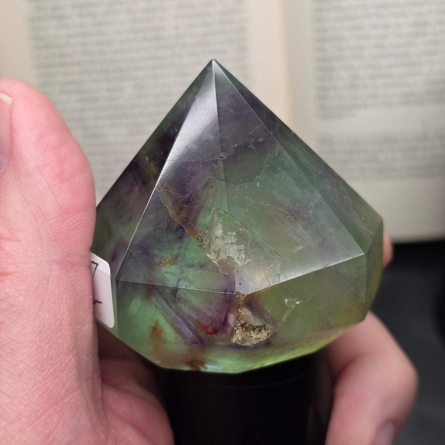 Purple and Green Fluorite with Hematite Diamond Point Carving | 1407
