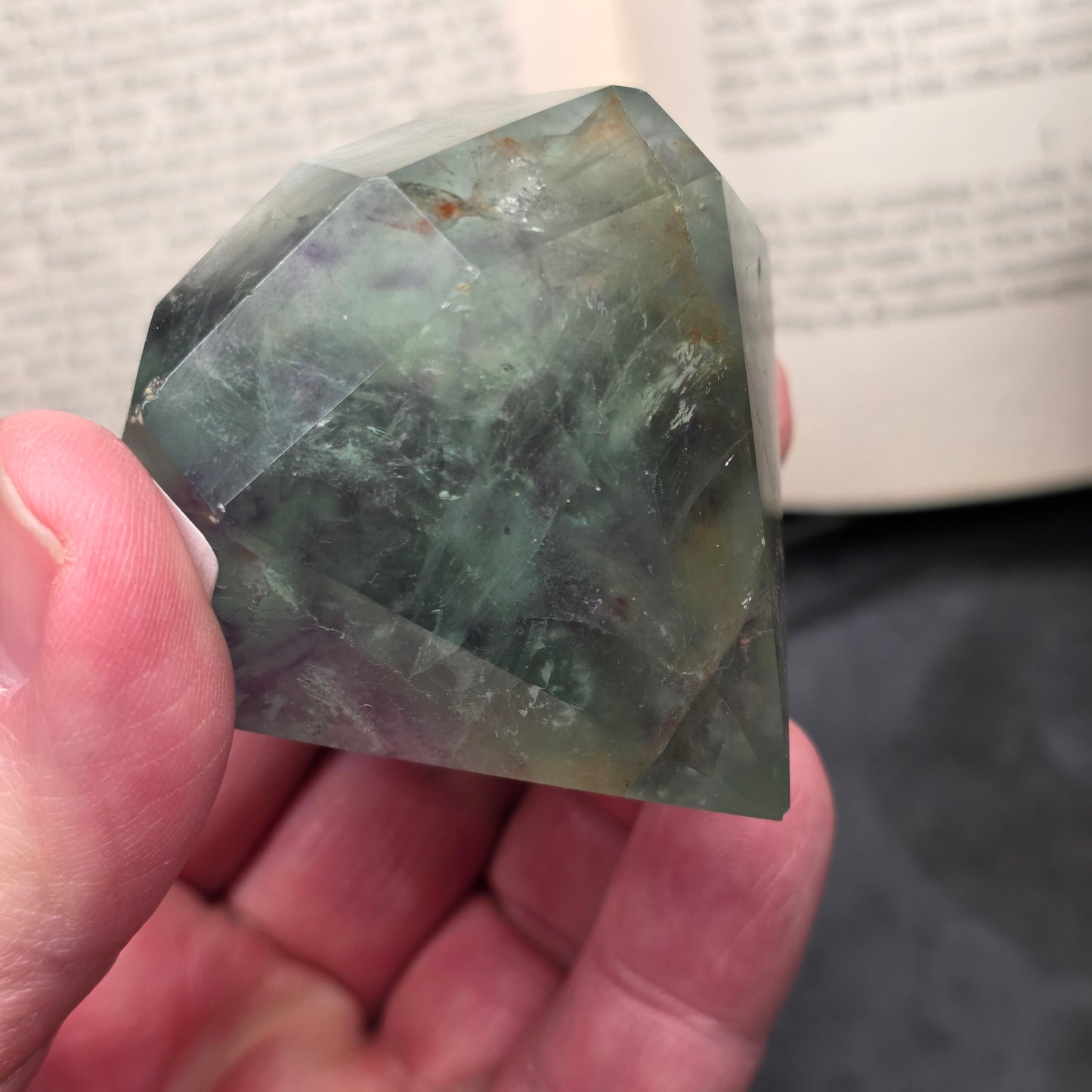 Purple and Green Fluorite with Hematite Diamond Point Carving | 1406