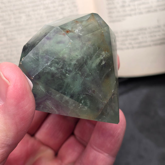 Purple and Green Fluorite with Hematite Diamond Point Carving | 1406